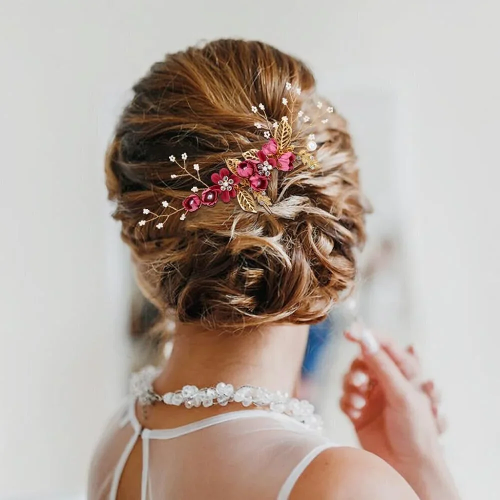 18 Pieces Bridal Wedding Party Prom Pearl Rhinestone Rose Red Flower Hair Side C